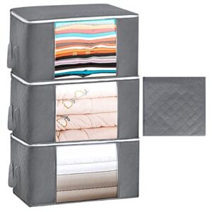 fyy clothes storage bag, 3 pack 90l foldable storage bin closet organizer with reinforced handle sturdy fabric clear window, clothes comforters blankets bedding storage bin with zipper grey