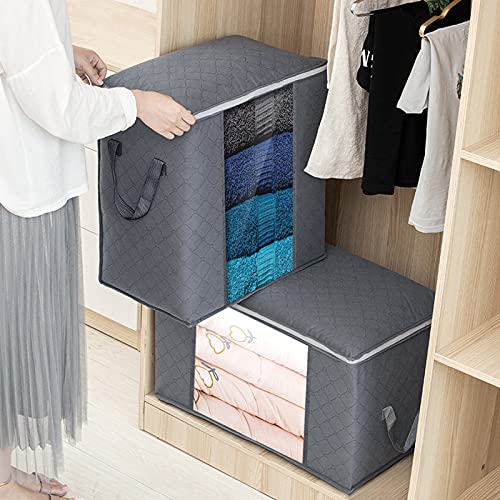 FYY Clothes Storage Bag, 3 Pack 90L Foldable Storage Bin Closet Organizer with Reinforced Handle Sturdy Fabric Clear Window, Clothes Comforters Blankets Bedding Storage Bin with Zipper Grey