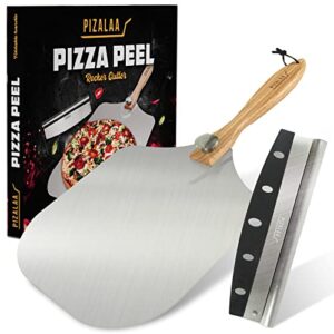 pizalaa pizza peel 12 inch with pizza cutter - aluminium metal pizza paddle with foldable wooden handle for easy storage, pizza cutter rocker, pizza server, pizza oven accessories, homemade pizza