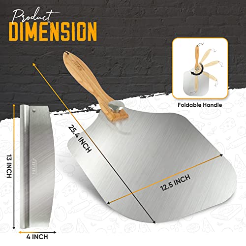 PIZALAA Pizza Peel 12 Inch with Pizza cutter - Aluminium Metal Pizza Paddle with Foldable Wooden Handle for Easy Storage, Pizza Cutter Rocker, Pizza Server, Pizza Oven Accessories, Homemade Pizza