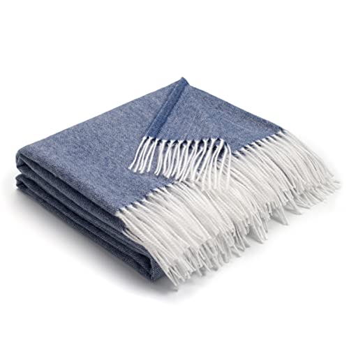 Carriediosa Herringbone Weave Throw Blanket with Fringe Super Soft Faux Cashmere Farmhouse Decorative Knit Tassel Blankets Lightweight Outdoor Thin Throws for Couch Bed Sofa, 50" X 60" Denim Blue