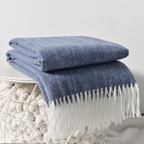 Carriediosa Herringbone Weave Throw Blanket with Fringe Super Soft Faux Cashmere Farmhouse Decorative Knit Tassel Blankets Lightweight Outdoor Thin Throws for Couch Bed Sofa, 50" X 60" Denim Blue