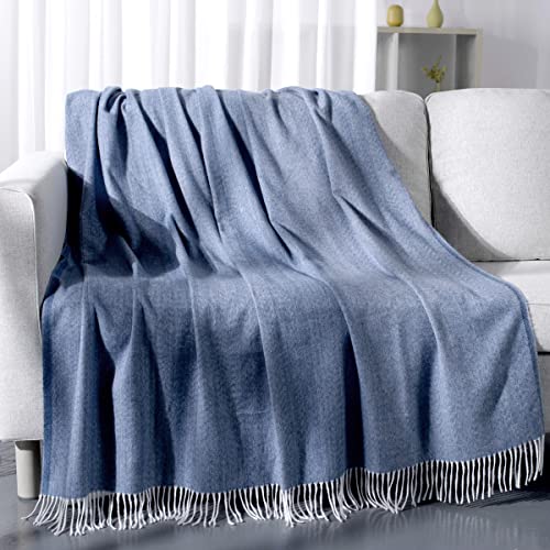 Carriediosa Herringbone Weave Throw Blanket with Fringe Super Soft Faux Cashmere Farmhouse Decorative Knit Tassel Blankets Lightweight Outdoor Thin Throws for Couch Bed Sofa, 50" X 60" Denim Blue