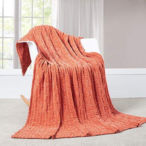 Revdomfly Chenille Cable Knit Blanket Fluffy Knitted Throw Blanket, Cozy Plush Lightweight Woven Blanket for Couch Bed Sofa,Coral