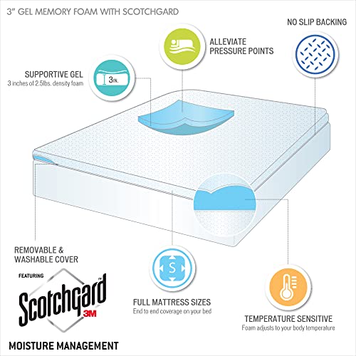 Sleep Philosophy Gel Infused Memory Foam Mattress Topper Luxurious, All Season Enhanced Bed Support, Full(3" Thick), Removable 3M Cover