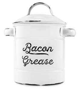 auldhome grease container, white enamelware bacon grease can with strainer, farmhouse style, keto-friendly