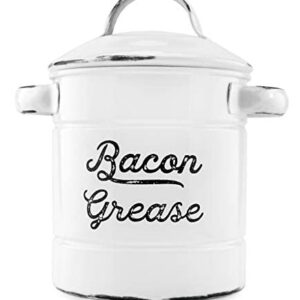 AuldHome Grease Container, White Enamelware Bacon Grease Can with Strainer, Farmhouse Style, Keto-Friendly