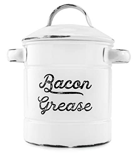 AuldHome Grease Container, White Enamelware Bacon Grease Can with Strainer, Farmhouse Style, Keto-Friendly