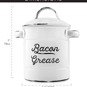 AuldHome Grease Container, White Enamelware Bacon Grease Can with Strainer, Farmhouse Style, Keto-Friendly