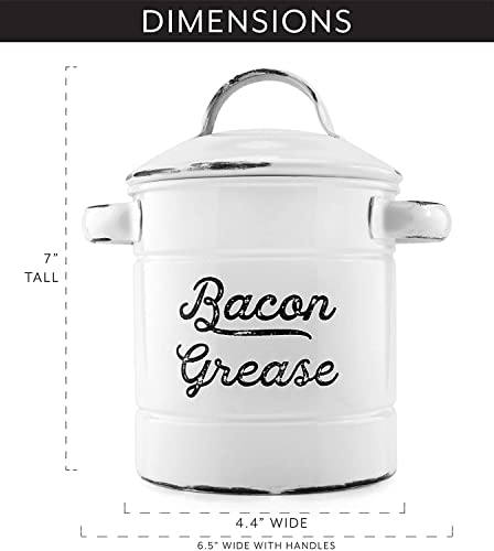 AuldHome Grease Container, White Enamelware Bacon Grease Can with Strainer, Farmhouse Style, Keto-Friendly