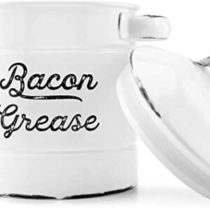 AuldHome Grease Container, White Enamelware Bacon Grease Can with Strainer, Farmhouse Style, Keto-Friendly