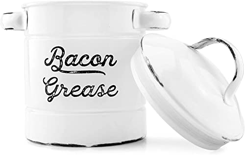 AuldHome Grease Container, White Enamelware Bacon Grease Can with Strainer, Farmhouse Style, Keto-Friendly