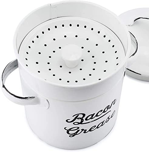 AuldHome Grease Container, White Enamelware Bacon Grease Can with Strainer, Farmhouse Style, Keto-Friendly