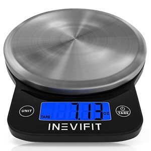 inevifit digital kitchen scale, highly accurate multifunction food scale 13 lbs 6kgs max, clean modern black with premium stainless steel finish. includes batteries