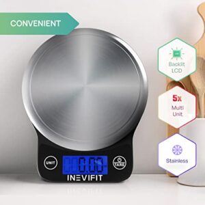 INEVIFIT Digital Kitchen Scale, Highly Accurate Multifunction Food Scale 13 lbs 6kgs Max, Clean Modern Black with Premium Stainless Steel Finish. Includes Batteries