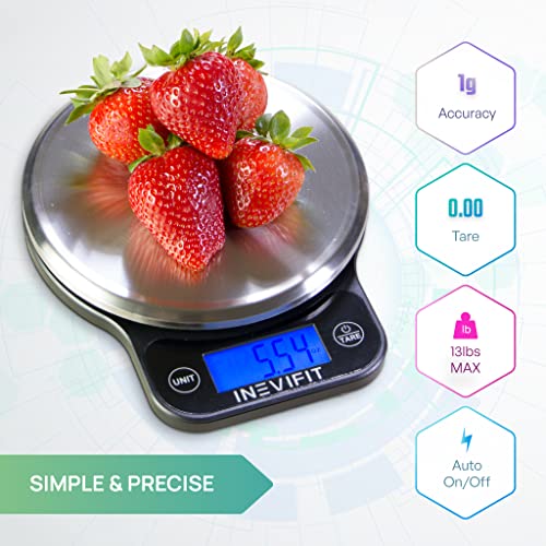 INEVIFIT Digital Kitchen Scale, Highly Accurate Multifunction Food Scale 13 lbs 6kgs Max, Clean Modern Black with Premium Stainless Steel Finish. Includes Batteries
