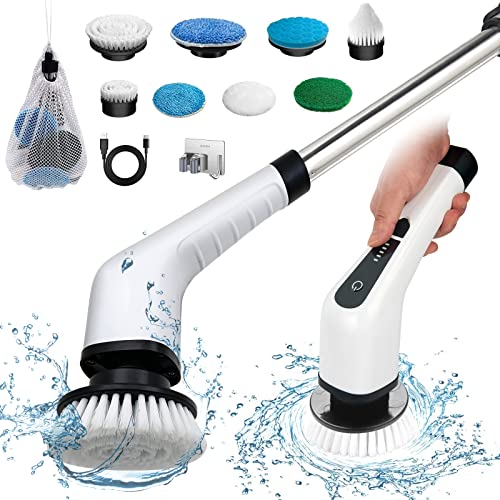 Electric Spin Scrubber, Cordless Bath Tub Power Scrubber with 8 Replaceable Drill Brush Heads, Shower Cleaning Brush with Adjustable Handle for Bathroom, Tile Floor & Car