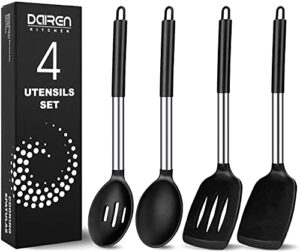 pack of 4 large silicone cooking spatulas and spoons, slotted and solid stainless steel cooking utensils set, non-stick heat resistant kitchen for baking, fried, stir-fry, mixing, serving (black)