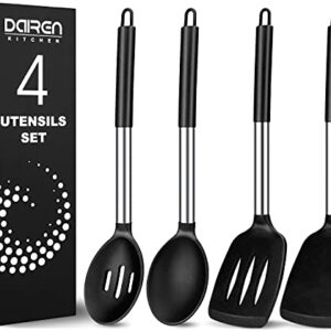 Pack of 4 Large Silicone Cooking Spatulas and Spoons, Slotted and Solid Stainless Steel Cooking Utensils Set, Non-stick Heat Resistant Kitchen for Baking, Fried, Stir-Fry, Mixing, Serving (Black)