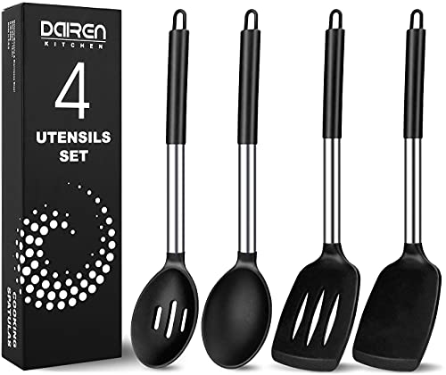 Pack of 4 Large Silicone Cooking Spatulas and Spoons, Slotted and Solid Stainless Steel Cooking Utensils Set, Non-stick Heat Resistant Kitchen for Baking, Fried, Stir-Fry, Mixing, Serving (Black)