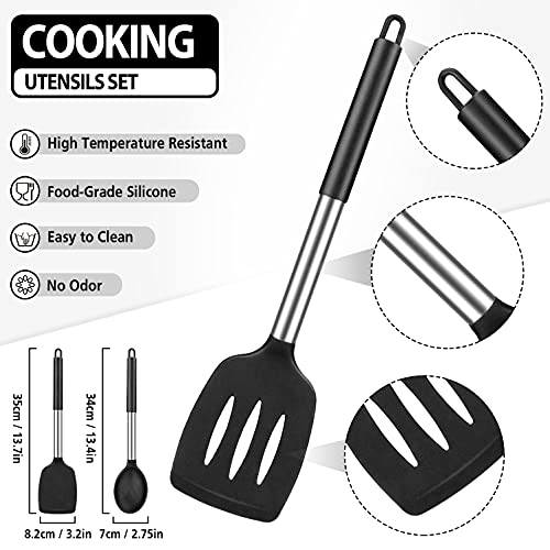 Pack of 4 Large Silicone Cooking Spatulas and Spoons, Slotted and Solid Stainless Steel Cooking Utensils Set, Non-stick Heat Resistant Kitchen for Baking, Fried, Stir-Fry, Mixing, Serving (Black)