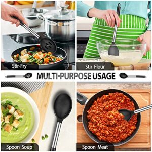 Pack of 4 Large Silicone Cooking Spatulas and Spoons, Slotted and Solid Stainless Steel Cooking Utensils Set, Non-stick Heat Resistant Kitchen for Baking, Fried, Stir-Fry, Mixing, Serving (Black)