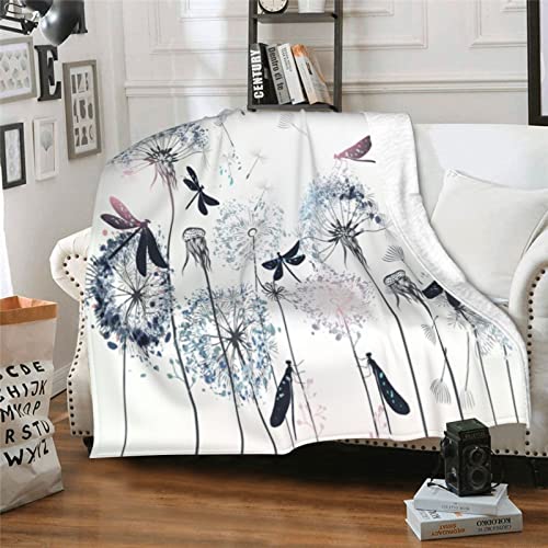 Elegant Dandelion and Dragonfly Soft Throw Blanket All Season Microplush Warm Blankets Lightweight Tufted Fuzzy Flannel Fleece Throws Blanket for Bed Sofa Couch 80"x60"