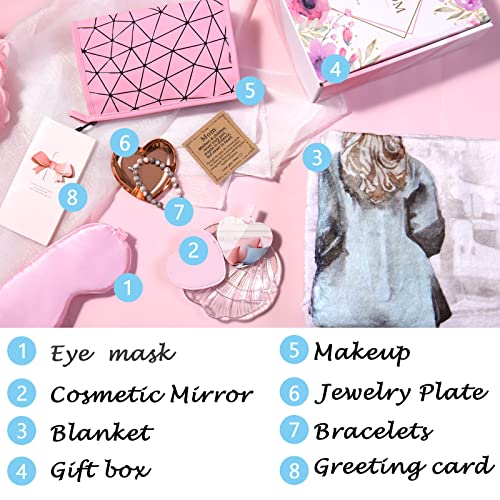 Inneroam Gifts for Mom, Mothers Birthday Gifts Blanket 50 * 60 inch Basket for Mom Self Care Women Gift Box to My Mom from Daughter Son Includes Bracelets Eye Mask Makeup Bag Mirror Jewelry Plate