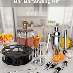 Bokhot Bartender Kit, 14 Piece Cocktail Shaker Set Stainless Steel Bar Tools with Rotating Stand, 25 oz Shaker Tins, Jigger, Spoon, Pourers, Muddler, Strainer, Tongs, Bottle Stoppers, Opener, Recipes