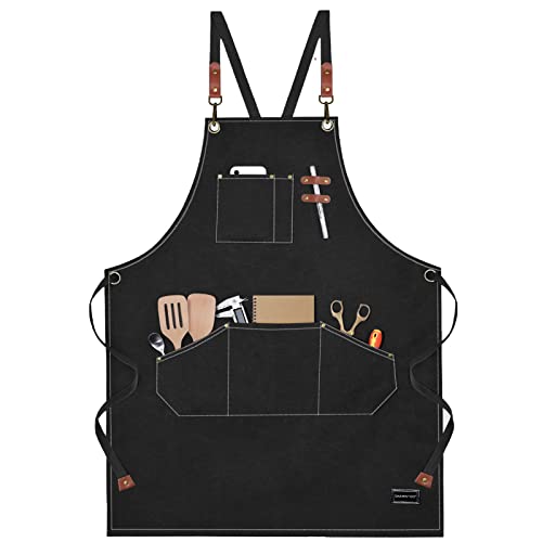 SHAWNTOO Chef Aprons for Men Women with Large Pockets, Cotton Canvas Cross Back Heavy Duty Adjustable Work Apron,Kitchen Cooking M-XXL