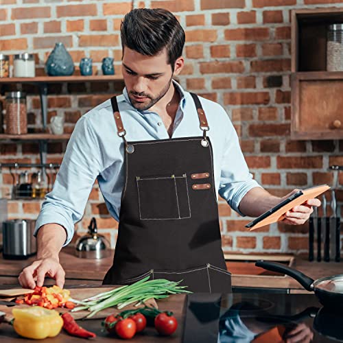 SHAWNTOO Chef Aprons for Men Women with Large Pockets, Cotton Canvas Cross Back Heavy Duty Adjustable Work Apron,Kitchen Cooking M-XXL