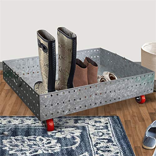 Benjara Galvanized Rectangular Under Bed Storage Drawer Organizer with Wheels and Holes, Silver