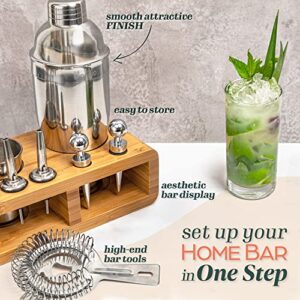 Elite Mixology Bartender Kit Cocktail Shaker Set by barillio: Drink Mixer Set with Bar Tools, Sleek Bamboo Stand, Velvet Carry Bag & Recipes Booklet