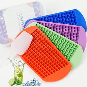 mini ice cube trays silicone with bin for freezer, 4 pack 640 chewy small ice 6pcs set, tiny crushed ice maker molds for chilling coffee juice cocktail whisky boba, with storage box & ice scoop