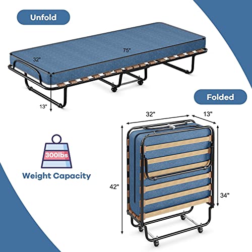 Augester Folding Bed with 4 Inch Mattress, Rollaway Foldable Guest Bed for Adults, Memory Foam Mattress & Sturdy Metal Frame, Portable Bed Cot Size w/Wheels, Easy to Transport, Blue