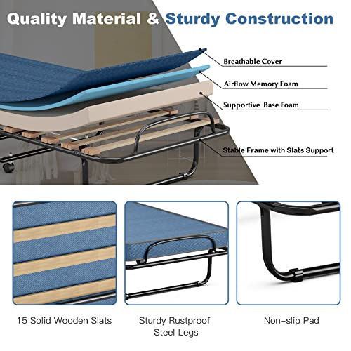 Augester Folding Bed with 4 Inch Mattress, Rollaway Foldable Guest Bed for Adults, Memory Foam Mattress & Sturdy Metal Frame, Portable Bed Cot Size w/Wheels, Easy to Transport, Blue