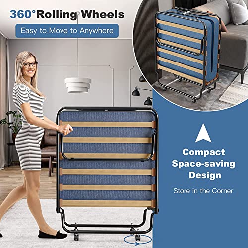 Augester Folding Bed with 4 Inch Mattress, Rollaway Foldable Guest Bed for Adults, Memory Foam Mattress & Sturdy Metal Frame, Portable Bed Cot Size w/Wheels, Easy to Transport, Blue