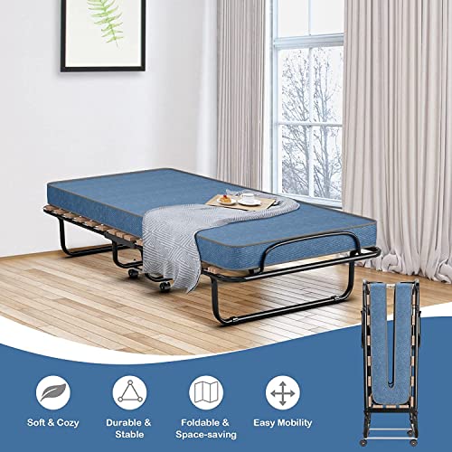 Augester Folding Bed with 4 Inch Mattress, Rollaway Foldable Guest Bed for Adults, Memory Foam Mattress & Sturdy Metal Frame, Portable Bed Cot Size w/Wheels, Easy to Transport, Blue