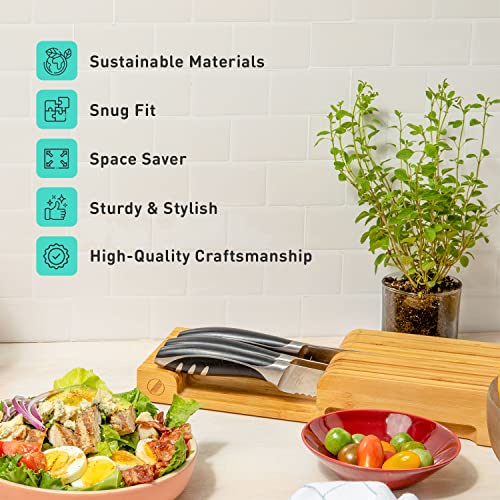 Bamboo Knife Block and In-Drawer Storage, Display Stand and Organizer, Holds to Five 8 Inch Knives, Hand Finished Sustainable Bamboo - 13.78 L x 5.4 W x 2.1 H Inches, Knives Not Included Gen 2