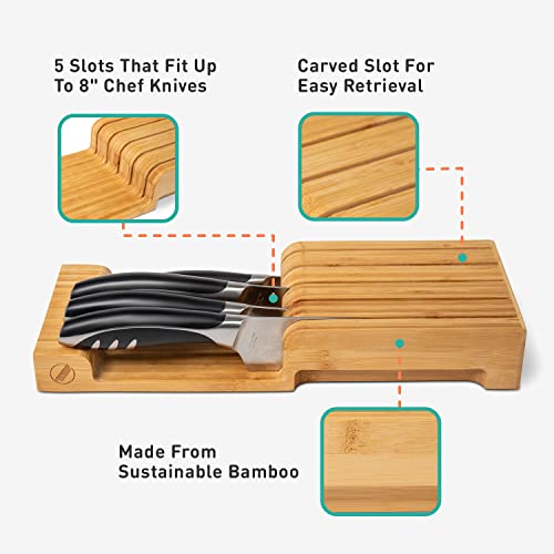 Bamboo Knife Block and In-Drawer Storage, Display Stand and Organizer, Holds to Five 8 Inch Knives, Hand Finished Sustainable Bamboo - 13.78 L x 5.4 W x 2.1 H Inches, Knives Not Included Gen 2