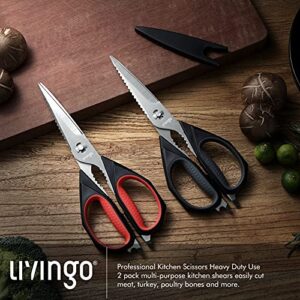 LIVINGO Kitchen Scissors, 2 Pack 9.25" Utility All Purpose Poultry Shears Heavy Duty Dishwasher Safe, Come Apart Sharp Stainless Steel Cooking Food Scissors for Cutting Meat, Chicken, Vegetable, Fish