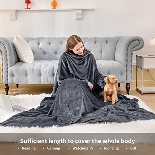 RUIKASI Comfy Wearable Blanket with Sleeves - Soft Fleece Snuggle Blanket with Arms for Women Men Adult, Cozy Warm Fuzzy Flannel Blanket with Foot Pocket for Bed Couch Sofa Winter Gift, Grey