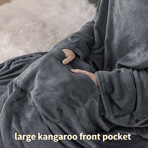 RUIKASI Comfy Wearable Blanket with Sleeves - Soft Fleece Snuggle Blanket with Arms for Women Men Adult, Cozy Warm Fuzzy Flannel Blanket with Foot Pocket for Bed Couch Sofa Winter Gift, Grey