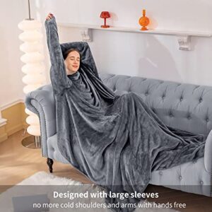 RUIKASI Comfy Wearable Blanket with Sleeves - Soft Fleece Snuggle Blanket with Arms for Women Men Adult, Cozy Warm Fuzzy Flannel Blanket with Foot Pocket for Bed Couch Sofa Winter Gift, Grey