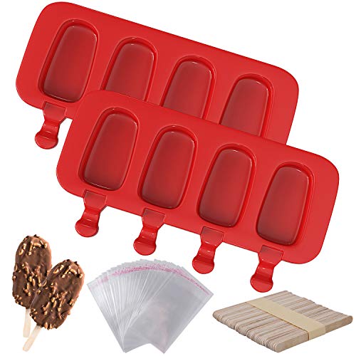 Ozera 2 Pack Popsicles Molds, Homemade Cake Pop Mold Cakesicle Molds Silicone Popcical Molds, 4 Cavities Ice Pop Cream Molds Maker with 50 Wooden Sticks & 50 Popsicle Bags for DIY Popsicles