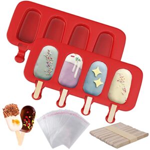 Ozera 2 Pack Popsicles Molds, Homemade Cake Pop Mold Cakesicle Molds Silicone Popcical Molds, 4 Cavities Ice Pop Cream Molds Maker with 50 Wooden Sticks & 50 Popsicle Bags for DIY Popsicles