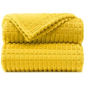 throw blankets – 60”x80”, twin size, golden yellow - waffle blanket - lightweight flannel fleece - soft, cozy - perfect for bed, sofa, couch