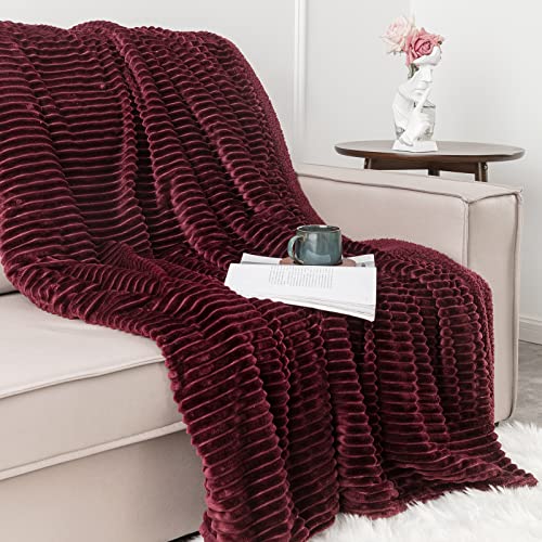 DaysU Striped Fleece Blanket, Soft Cozy Reversible Flannel Sherpa Throw Blanket for Couch, Thick Warm Fluffy Fuzzy Plush Large Queen Size Blanket for Bed, 1 Pack, 86" x 94", Wine