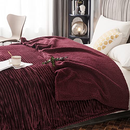 DaysU Striped Fleece Blanket, Soft Cozy Reversible Flannel Sherpa Throw Blanket for Couch, Thick Warm Fluffy Fuzzy Plush Large Queen Size Blanket for Bed, 1 Pack, 86" x 94", Wine