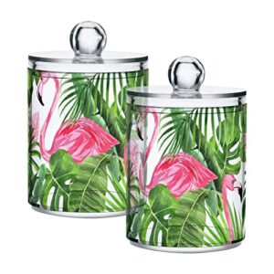 2 pack qtip holder dispenser for cotton ball tropical leaves flamingo on white cotton swab cotton round pads clear plastic acrylic jar set bathroom canister